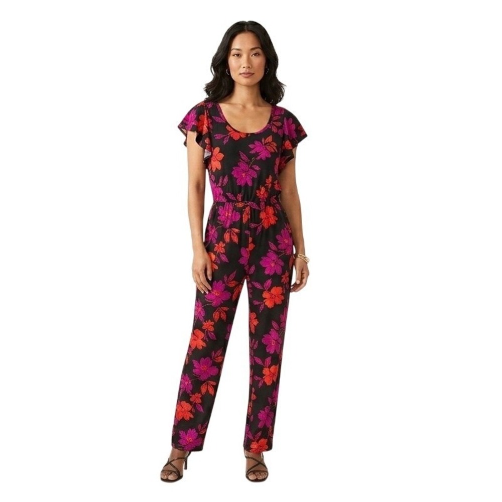 TORRID Black & Red Floral Boho Wide Leg Maxi Round Neck Size 2X Challis Jumpsuit